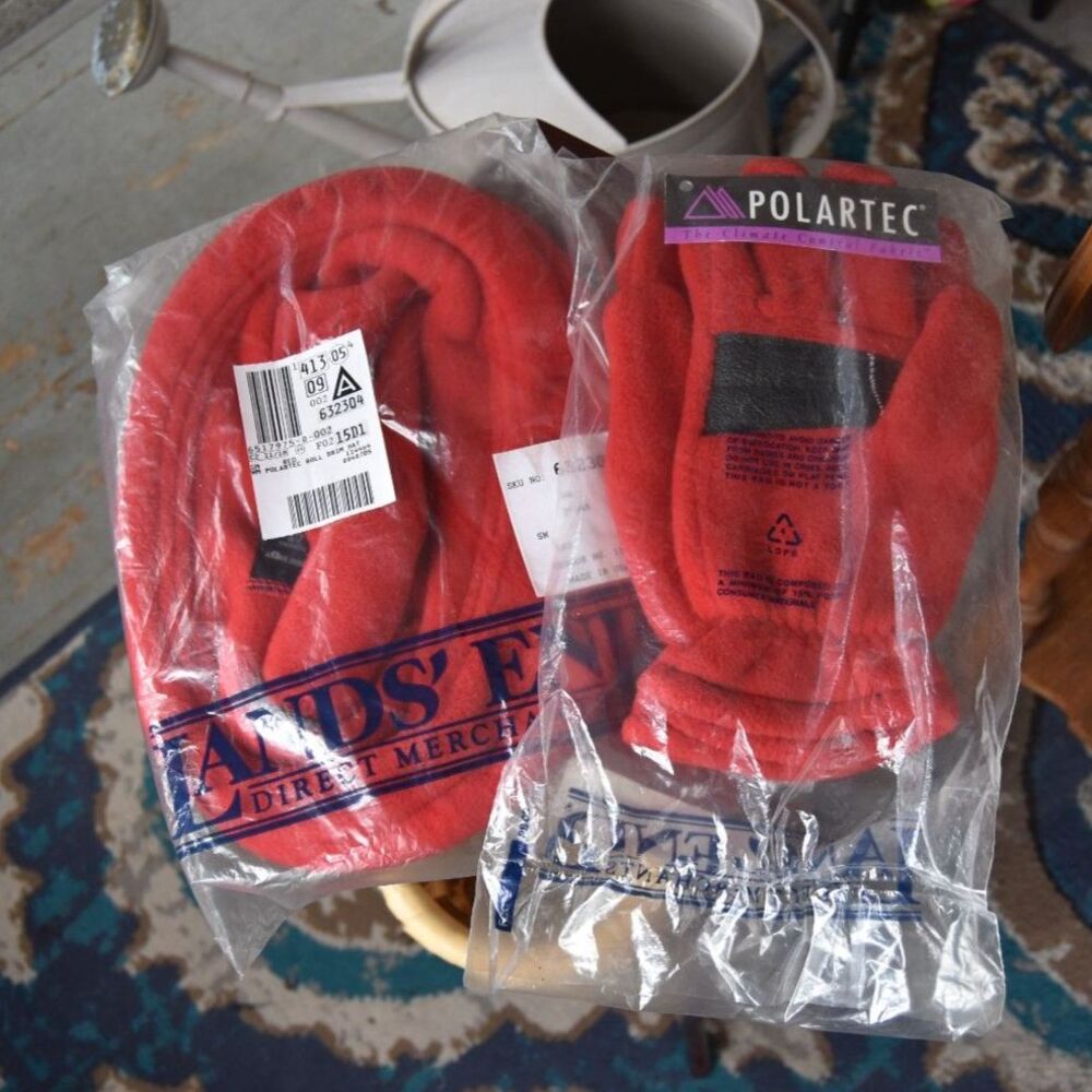 Vintage Lands End Polartec Red Fleece Hat Gloves Set Made USA NOS